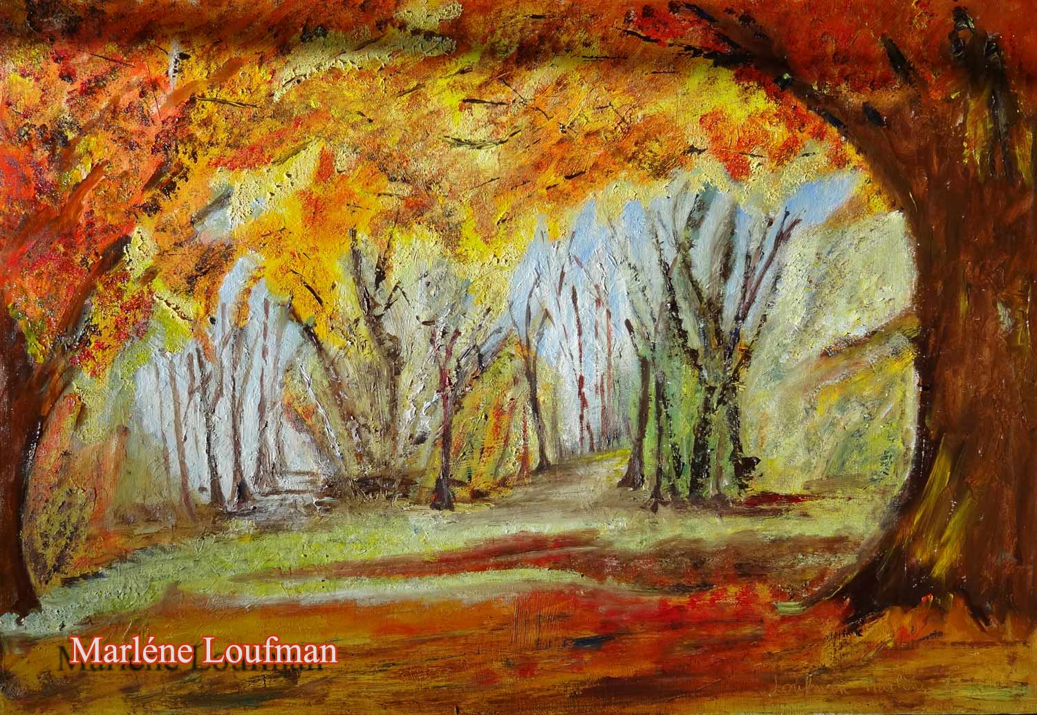 N° 17 - tableau de sous bois d'automne avec rayons de soleil de Marlène Loufman